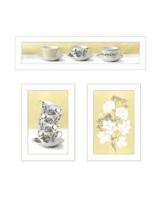 "Tea Cups & Yellow Flowers" 3-Piece Vignette by Artisan House Fenway; ; Ready to Hang Framed Print; White Frame