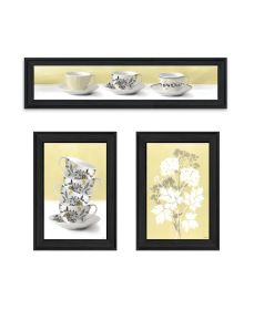 "Tea Cups & Yellow Flowers " 3-Piece Vignette by Artisan House Fenway; ; Ready to Hang Framed Print; Black Frame