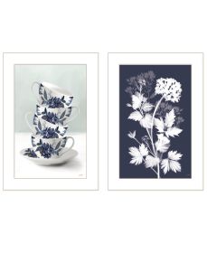 "Tea Towers with Flowers-Blue Vignette is by Artisan House Fenway; Ready to Hang Framed Print; White Frame