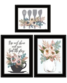 "Rise & Shine Kitchen Collection" 3-Piece Vignette By Michele Norman; Ready to Hang Framed Print; Black Frame