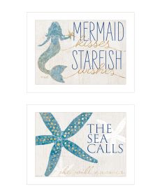 "Mermaid Kisses Starfish Wishes" 2-Piece Vignette by Kate Sherrill; Ready to Hang Framed Print; White Frame