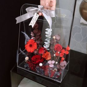 Preserved Fresh Flower Portable Flower Basket Acrylic Box (Color: Red)