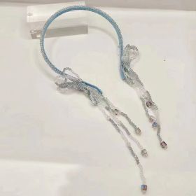 Women's Fashion Simple Handmade Beaded Bow Tassel Headband (Color: Blue)